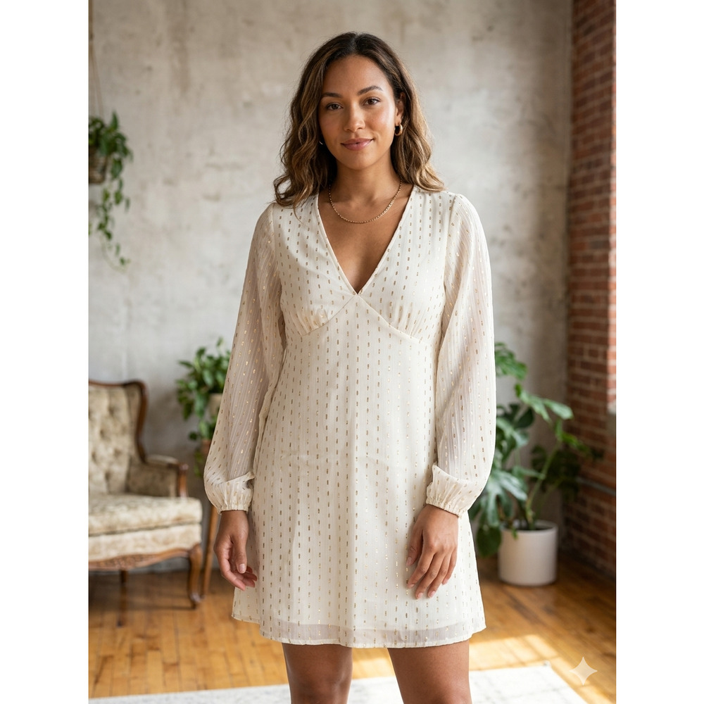 Old Navy Gold Metallic Clip Dot Boho V-Neck Long Sleeve Mini Dress L